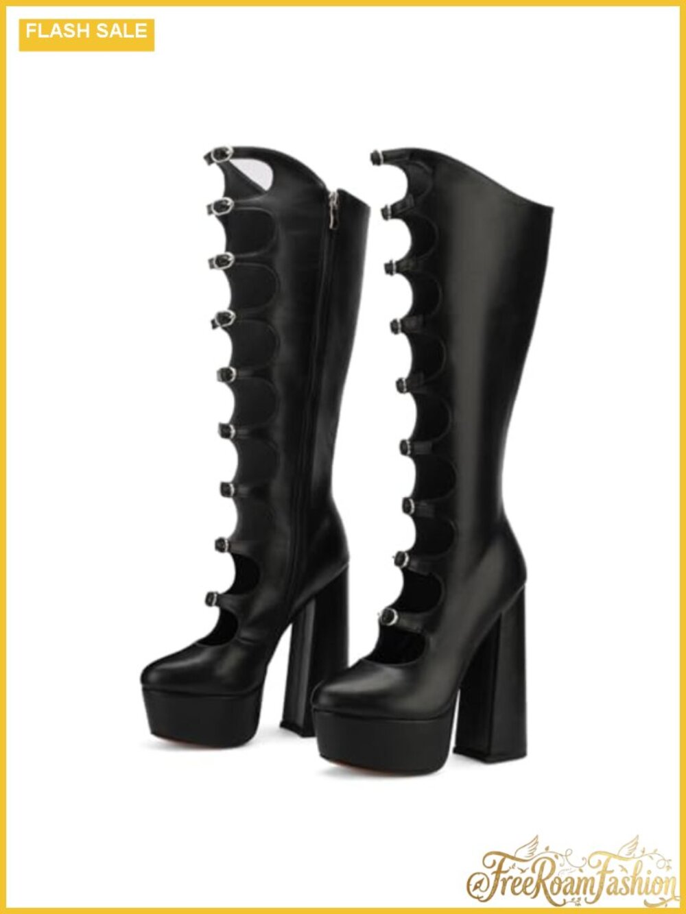Women's Knee High Platform Boots Chunky Block Heel PU Leather Gothic Combat